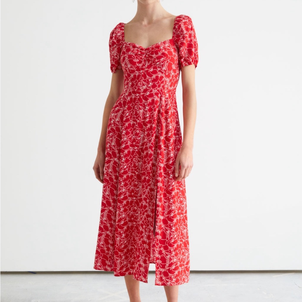NWT & Other Stories Red White Printed Midi Puff Sleeve Dress w/ Side Slit